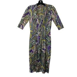 Vintage Etro Signature Paisley Ruched Faux Wrap Dress
